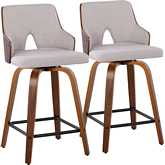 Stella 24" Swivel Counter Stool in Walnut Wood, Beige Fabric & Black Footrest (Set of 2)